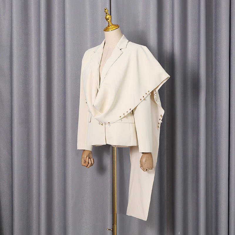 Waterfall draped pearl crystal bead trim asymmetrical tailored blazer by My Store