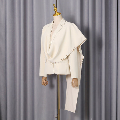 Waterfall draped pearl crystal bead trim asymmetrical tailored blazer by My Store