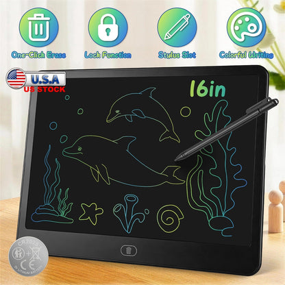 GBruno Store LCD writing tablet for kids with stylus and lock function, showing a colorful digital drawing on the screen.