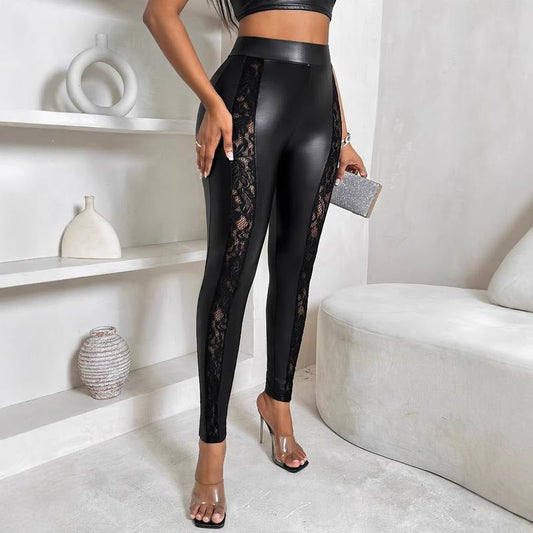 Women's fashionable four-way stretch leather pants in black, front view