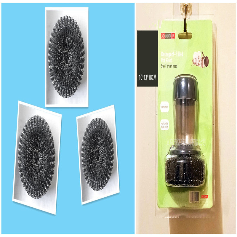 Kitchen soap dispensing palm brush cleaner, push-type dish brush with detergent dispenser