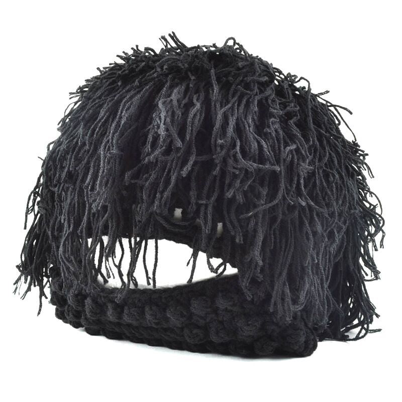 Creative knitted ski hat with attached wig beard, novelty winter accessory in assorted color pattern