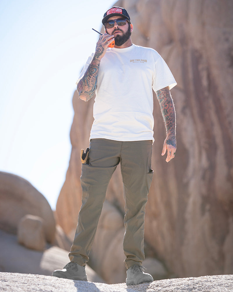 Off The Grid Surplus Lancer Taper Fit Pants in Beluga Brown showing a tapered fit and stylish design.