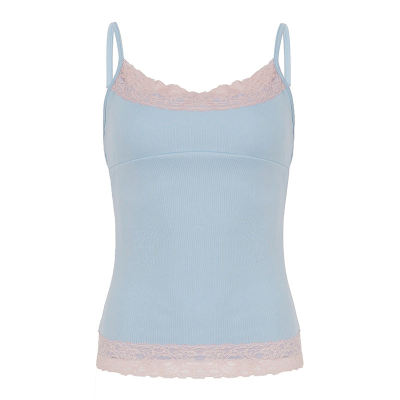 Women's Y2K lace-trim color-block slim-fit tank top in versatile summer style