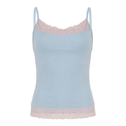 Women's Y2K lace-trim color-block slim-fit tank top in versatile summer style