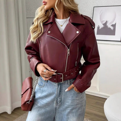 Vintage women's slim-fit short PU leather lapel biker jacket, front view