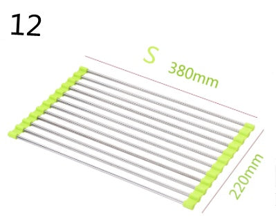 Folding stainless steel kitchen sink drain rack displayed in its expanded position