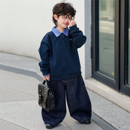 Retro parent-child plaid patchwork shirt-collar hoodie faux two-piece pullover top in classic colors