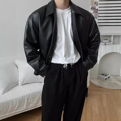 Leather casual baseball uniform motorcycle jacket in a classic baseball-inspired design