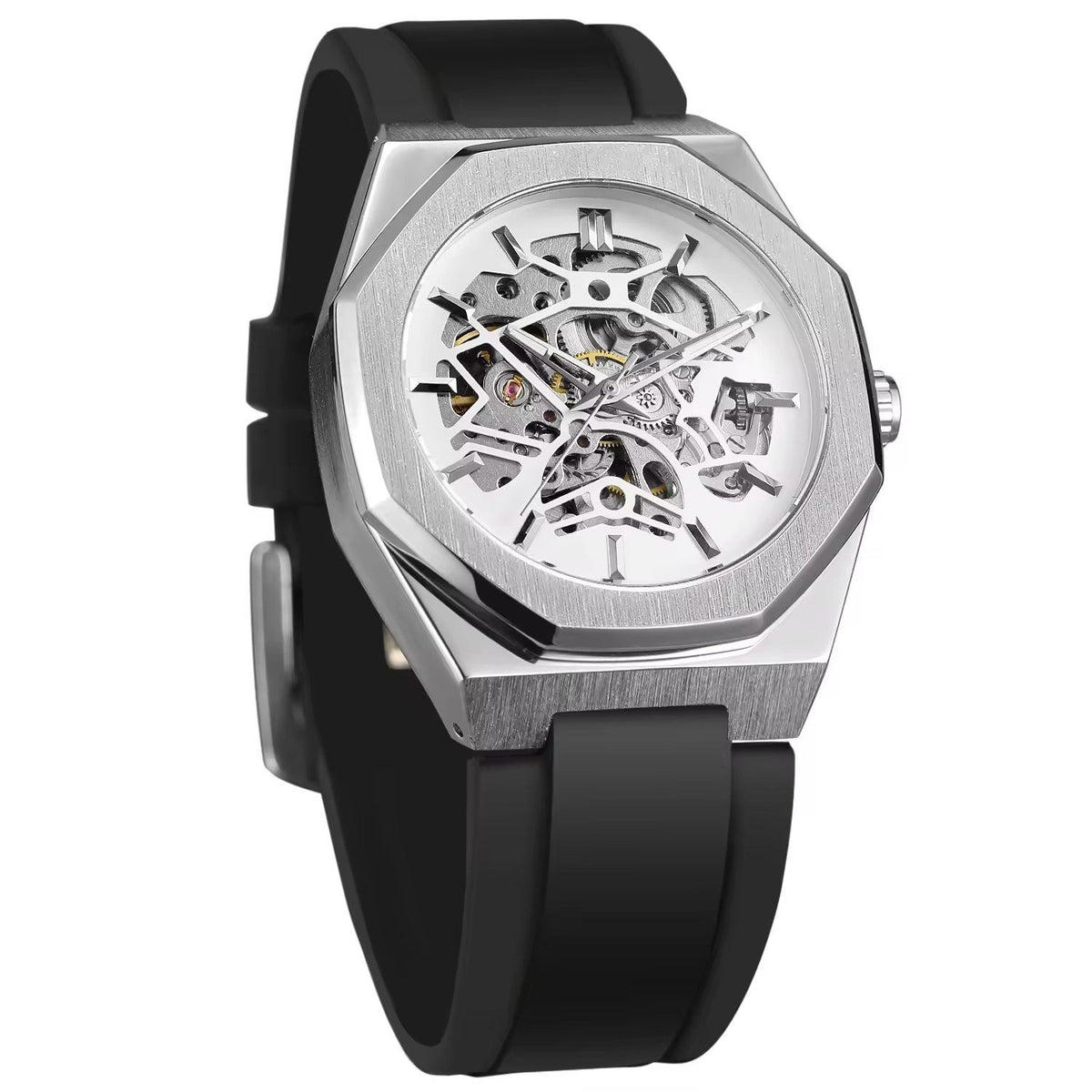 Silver hollow skeleton automatic mechanical watch with rubber band, visible gears and casual design