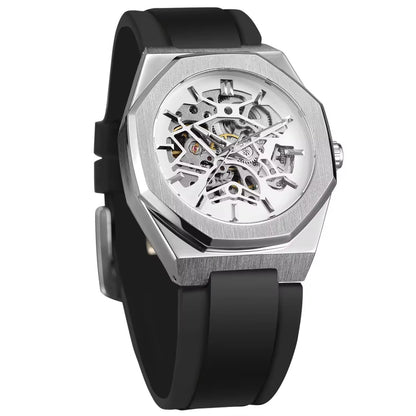 Silver hollow skeleton automatic mechanical watch with rubber band, visible gears and casual design