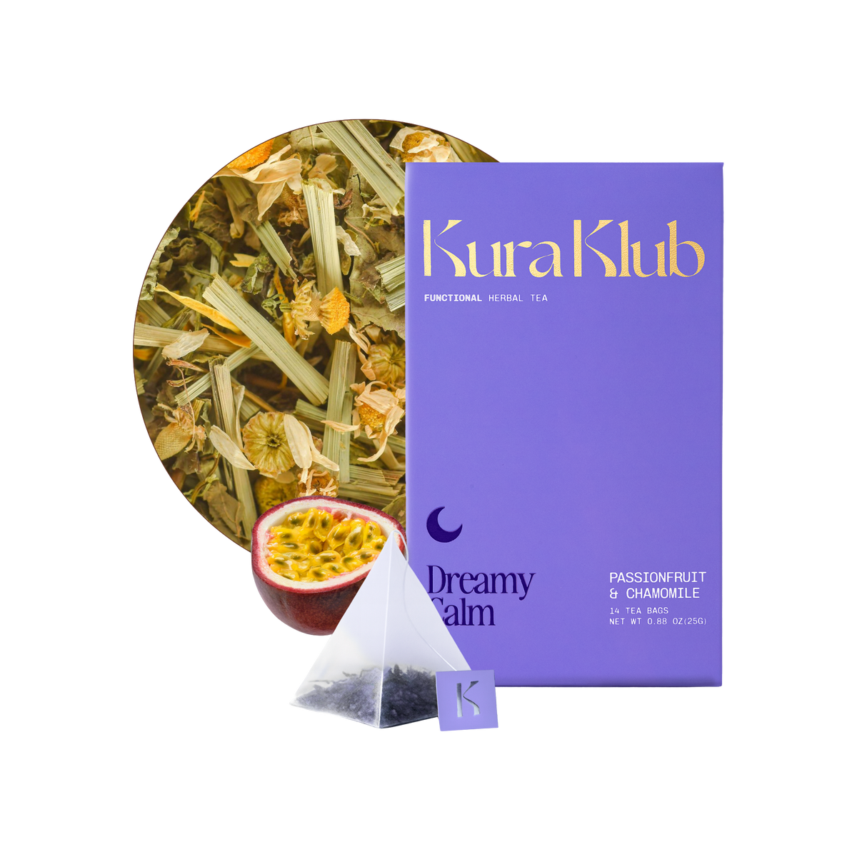 Chamomile and passionfruit tea from Kura Klub in a clear glass teacup with tea leaves and a passionfruit slice on a white background.