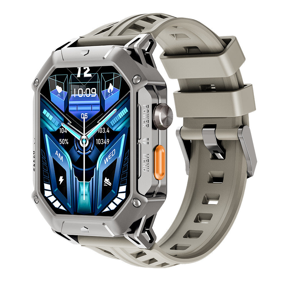 Smart watch with Bluetooth calling, voice assistant, compass, and sports tracking features visible on display