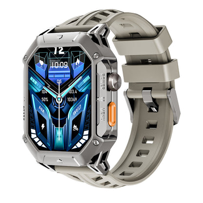 Smart watch with Bluetooth calling, voice assistant, compass, and sports tracking features visible on display