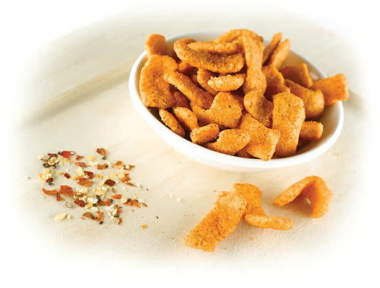 AmBari Nutrition Protidiet BBQ Crisps showing crispy, seasoned protein snacks with BBQ flavor in a close-up view.