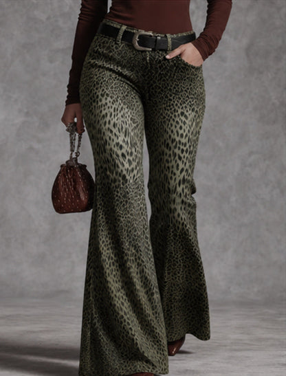 Women's retro leopard-print high-waisted flare pants in a bold animal print design