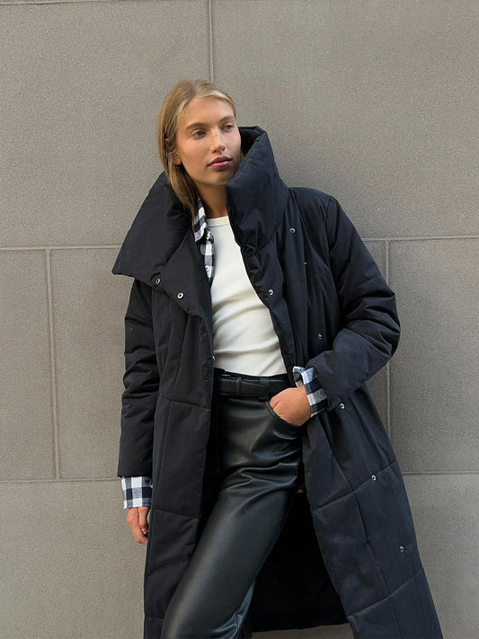 Women's winter long coat with large lapel, lace-up design, pockets, and thick cotton construction