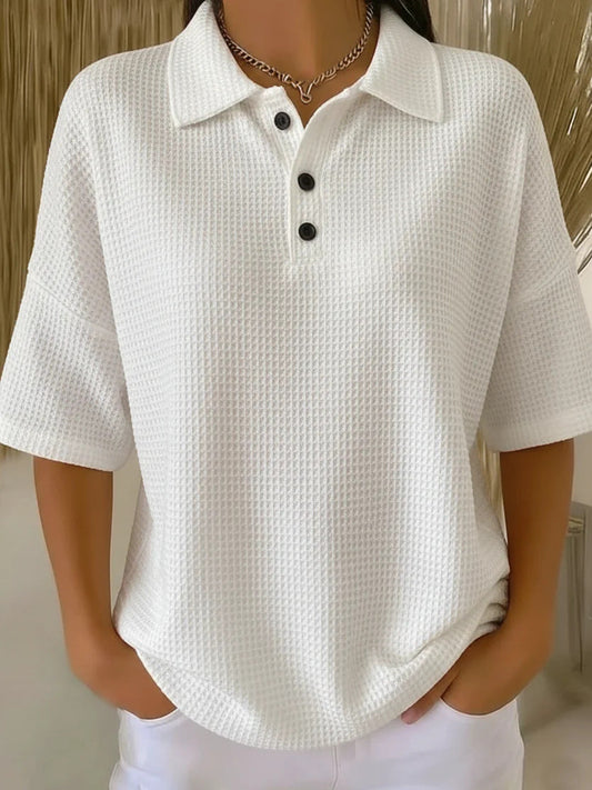 Solid-color waffle knit short-sleeve polo T-shirt with button placket and loose fit
