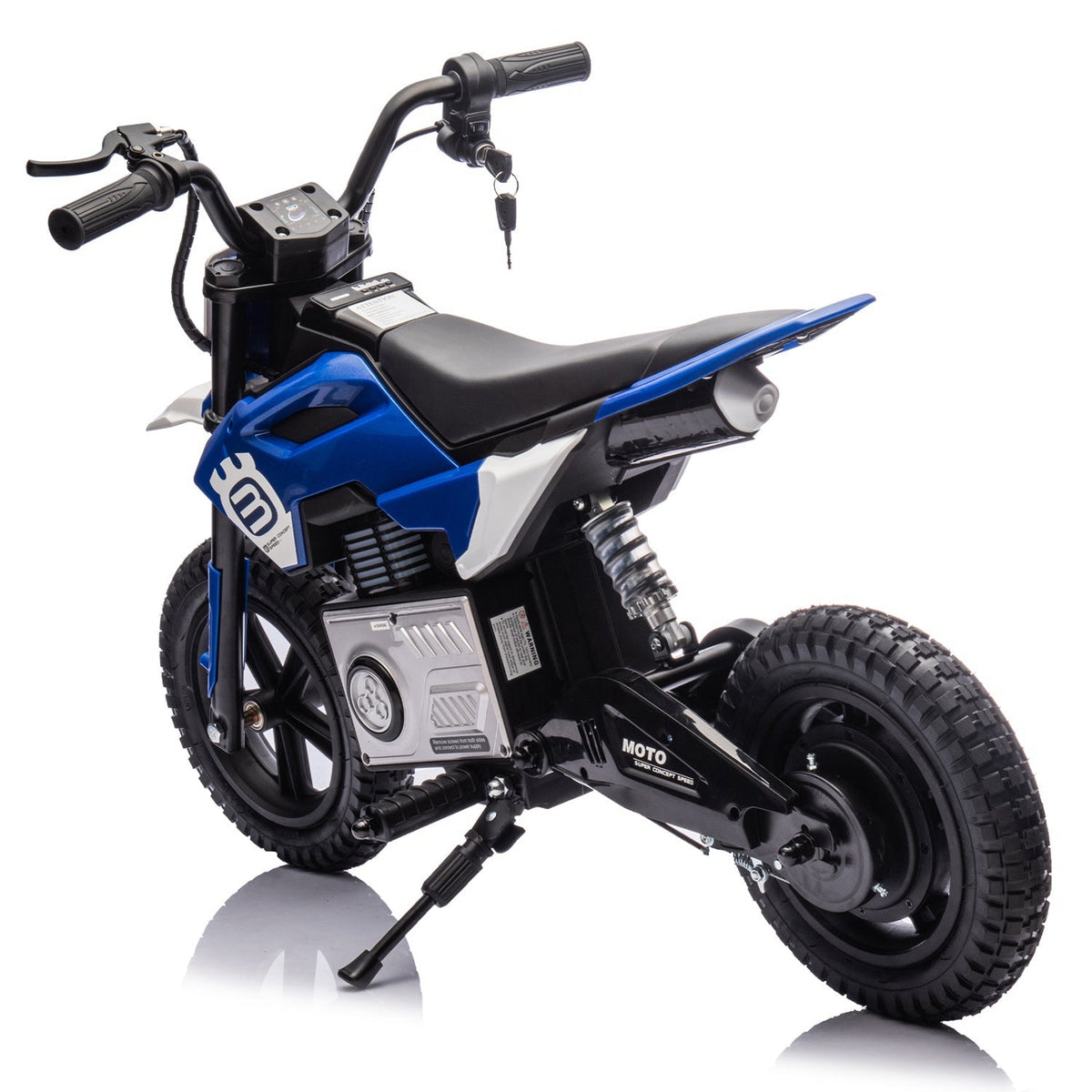 Kids riding a 24V GBruno Store electric motocross ride-on motorcycle for children ages 5 to 12 outdoors.