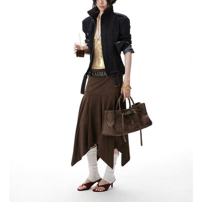 Women's high-neck waist-cinched short jacket in a structured silhouette