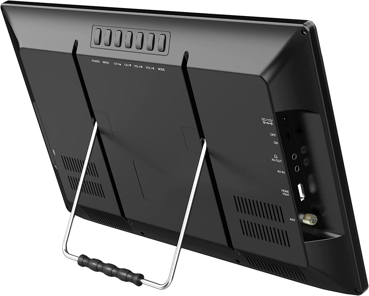 Naxa portable 16-inch 12V TV and digital multimedia player displaying a screen with colorful digital content.
