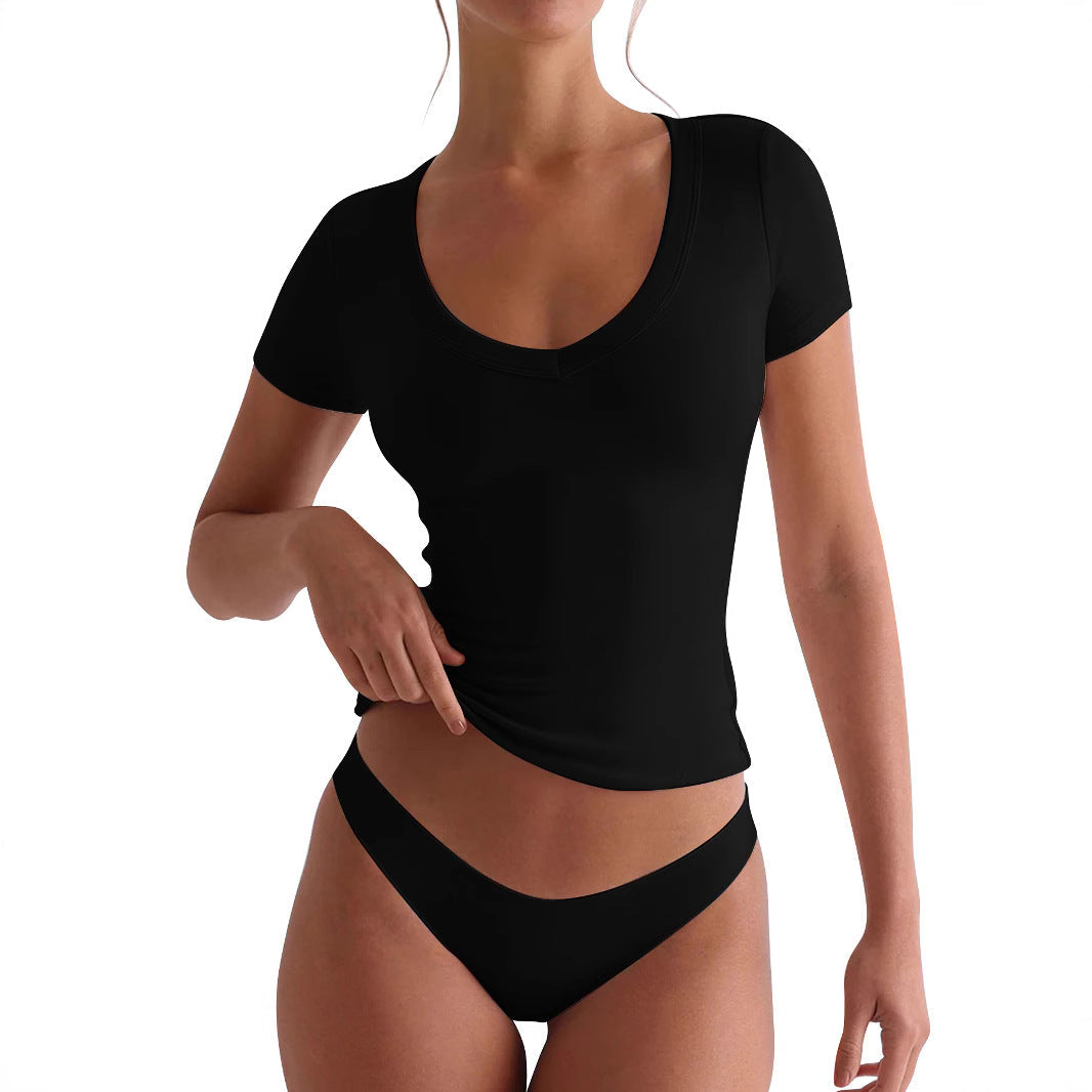 V-neck short-sleeve yoga workout top by My Store