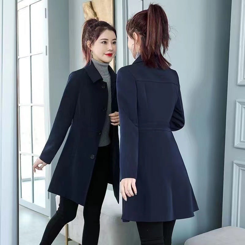 Women's petite midi-length plaid trench coat with double-breasted front and belted waist
