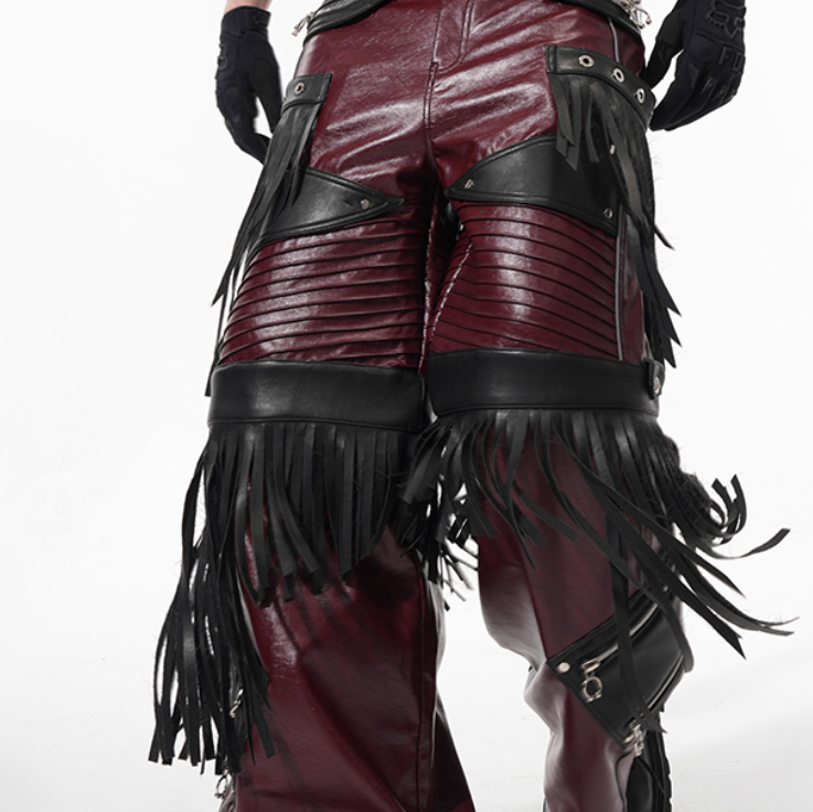 Red deconstructed PU leather pants for men