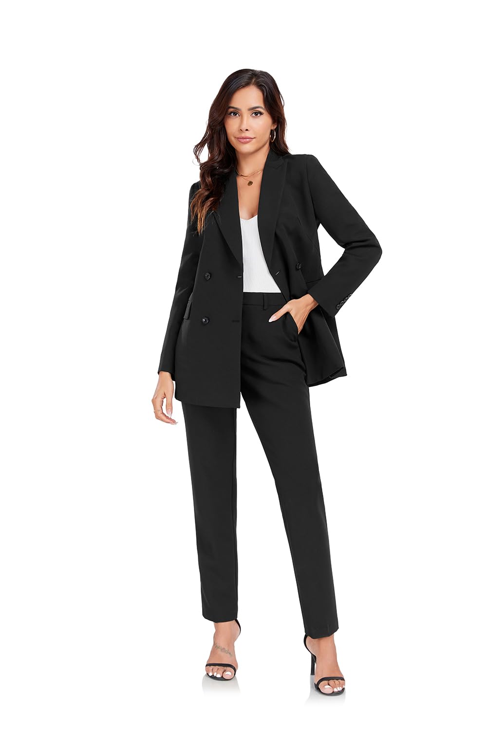 Womens 2 Pieces Pant Suits Double Breasted Blazer Set Casual Loose Long Blazer Jackets and Long Pant Suits with Pockets Black XXL