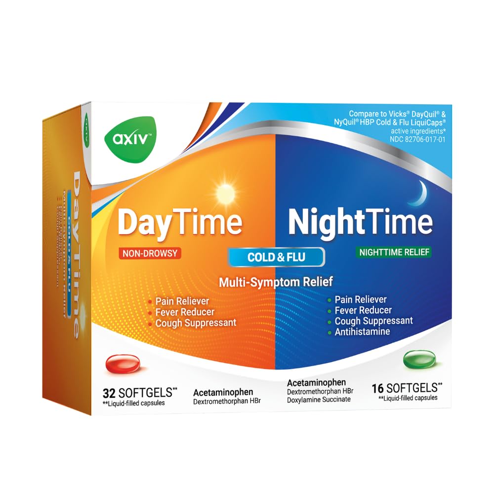 AXIV 24/7 Cold & Flu Relief Combo softgels by BACKUPMYFILESNOW® displayed in a bottle with 48 softgels.
