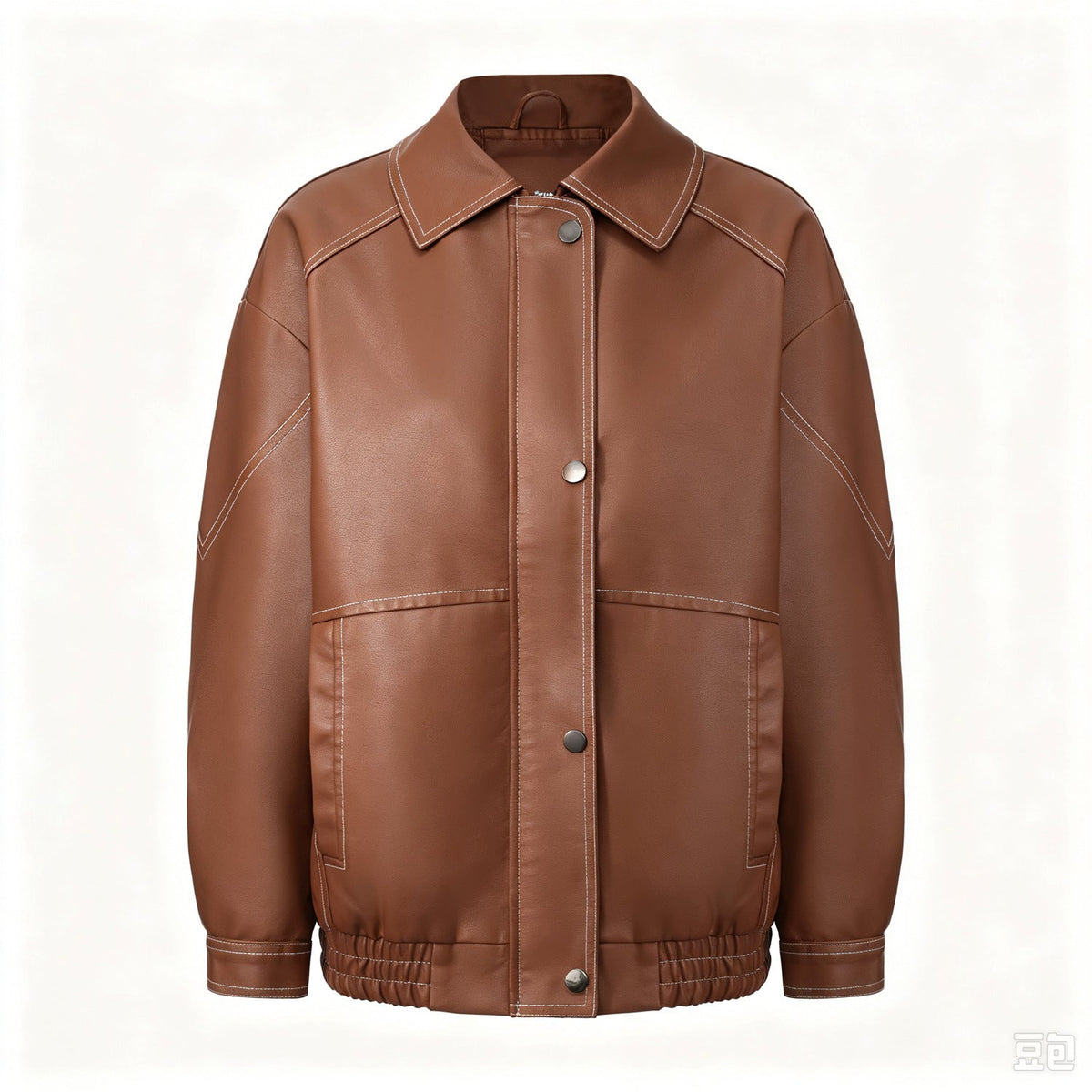 Women's black imitation leather oversize motorcycle jacket with zipper front and long sleeves