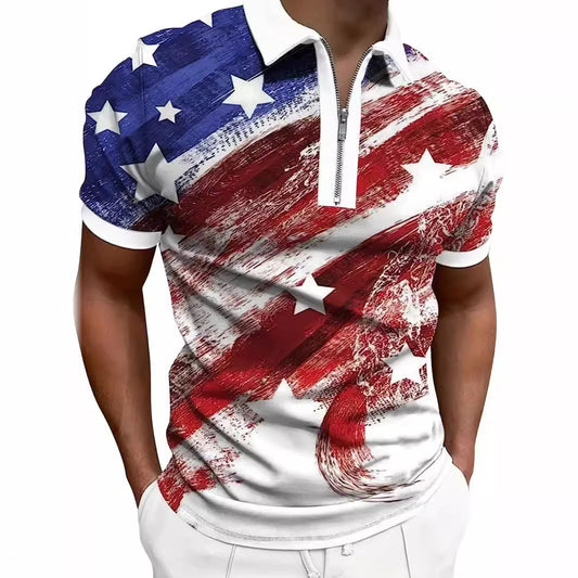 Men's print breathable fashion polo shirt top with short sleeves and a stylish pattern