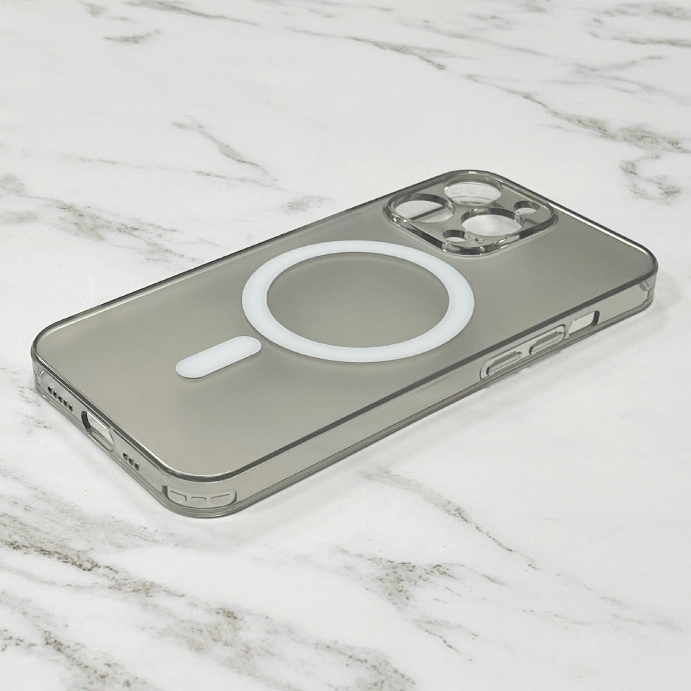 Transparent glass MagSafe mobile phone case with clear finish and magnetic ring for wireless charging