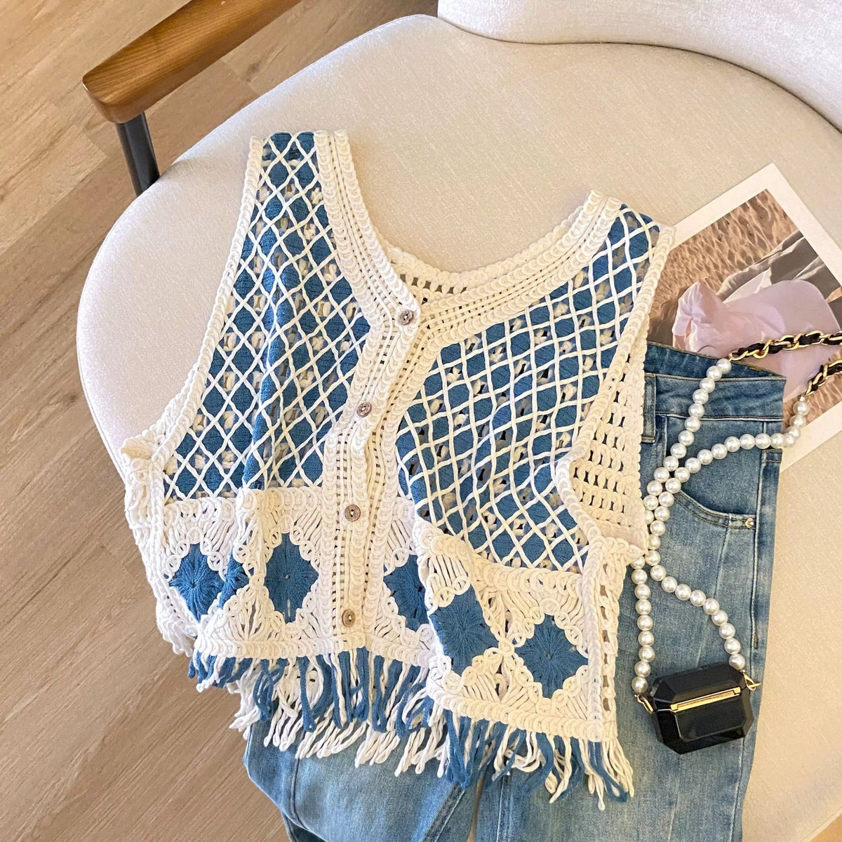 Vintage diamond-pattern tassel knitted vest for women, front view