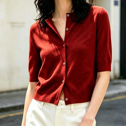 Women's fall wool knit long sleeve solid color cardigan with single-button front blouse style