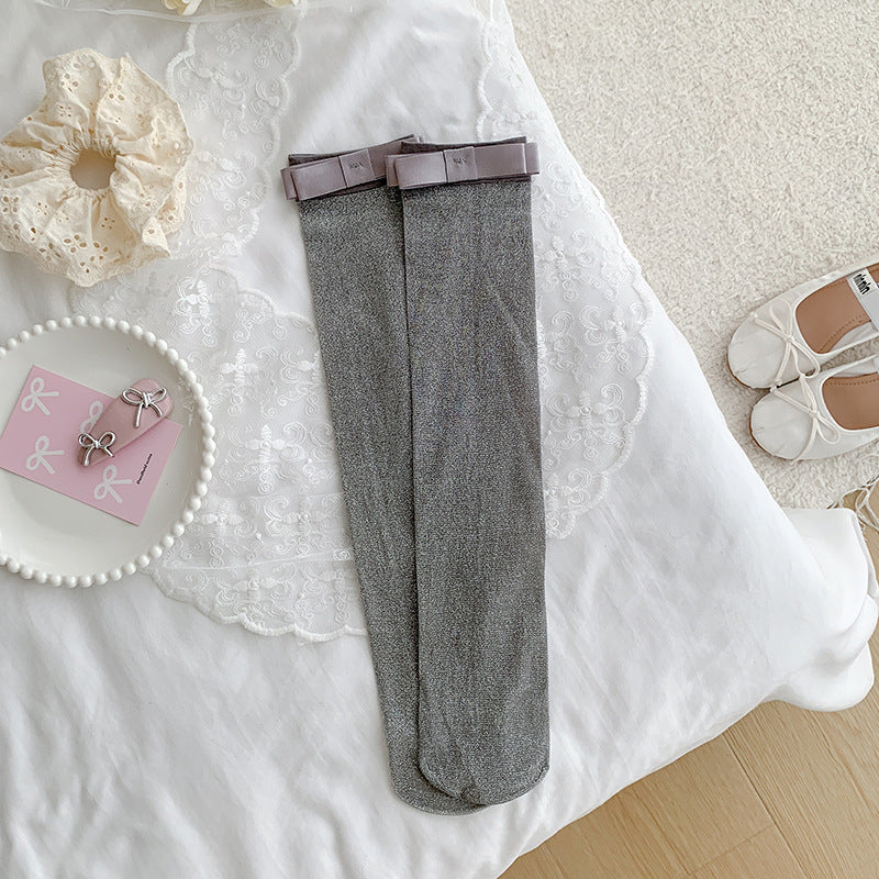 Women's cotton calf-length socks with silver-thread bow