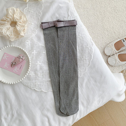 Women's cotton calf-length socks with silver-thread bow