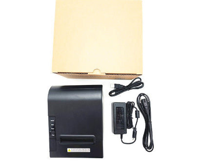 Minimal 80mm kitchen receipt thermal printer in a compact black design with paper roll slot and control buttons
