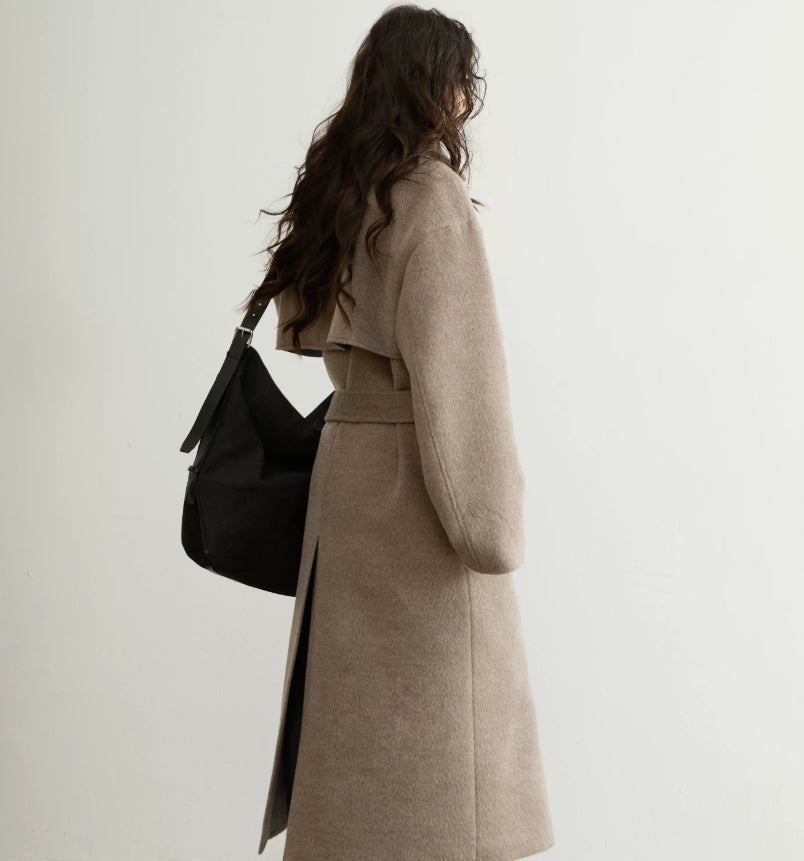 Retro-chic oat-beige belted wool coat with a long silhouette