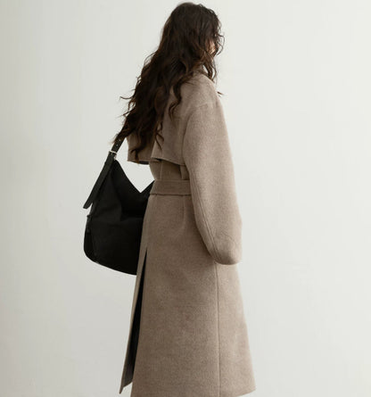 Retro-chic oat-beige belted wool coat with a long silhouette