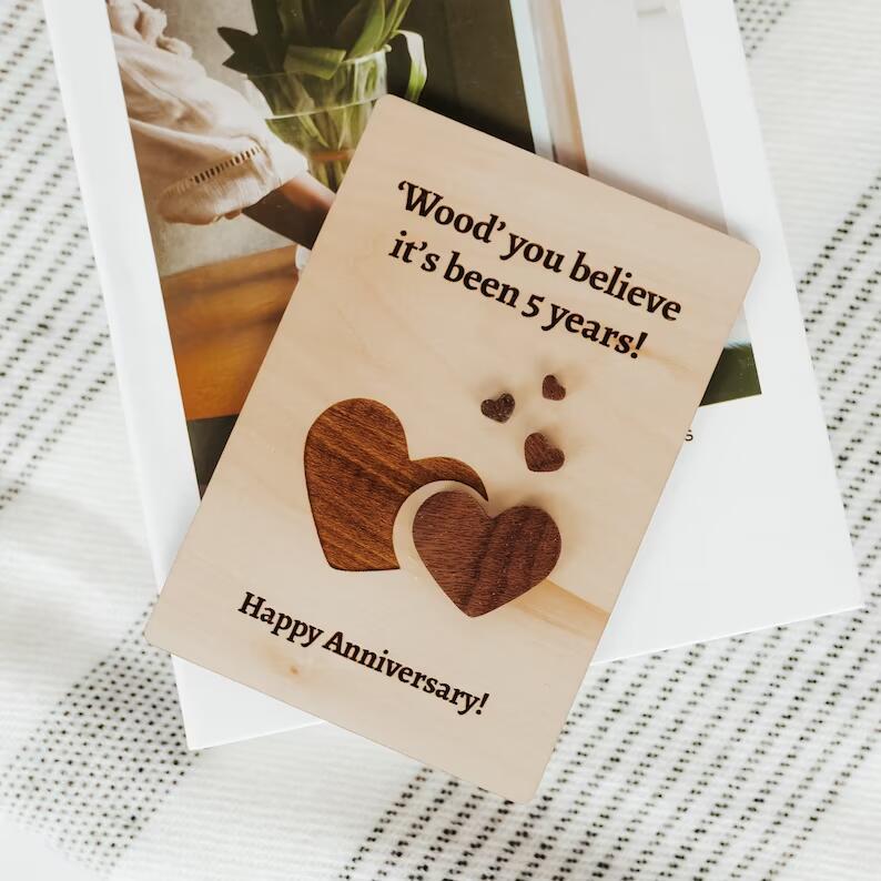 Wooden carving wedding anniversary invitation card, engraved design on natural wood, My Store