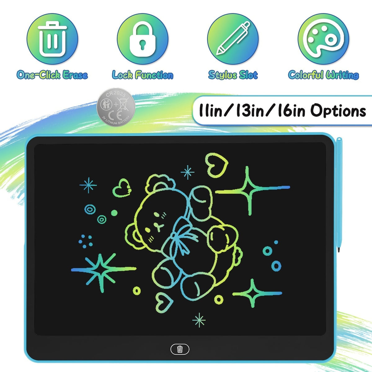 GBruno Store LCD writing tablet for kids with stylus and lock function, showing a colorful drawing on the screen.