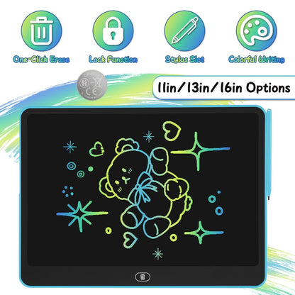 GBruno Store LCD writing tablet for kids with stylus and lock function, showing a colorful drawing on the screen.