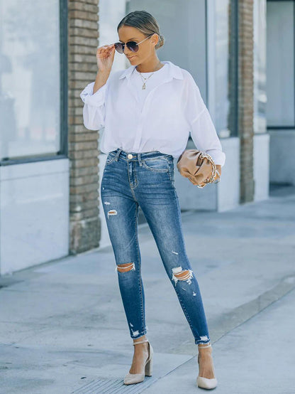 Plus-size skinny denim jeans with stretchy distressed holes from TEMU and Shein