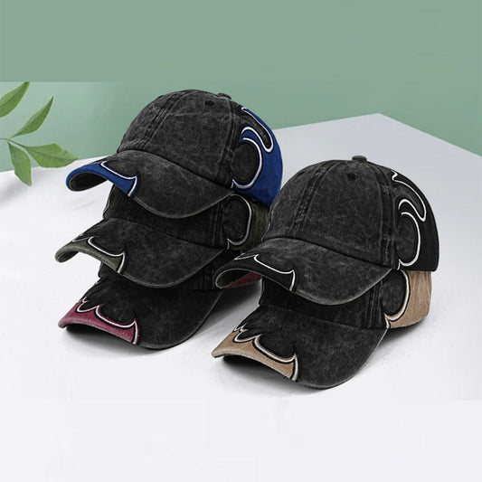 Men's And Women's Identical Color-blocked Flame Embroidery Edge Water-washed Fabric, Available In Multiple Colors. Fashionable Street Style Baseball Cap Suitable For Daily Outings And Photo Shoots.