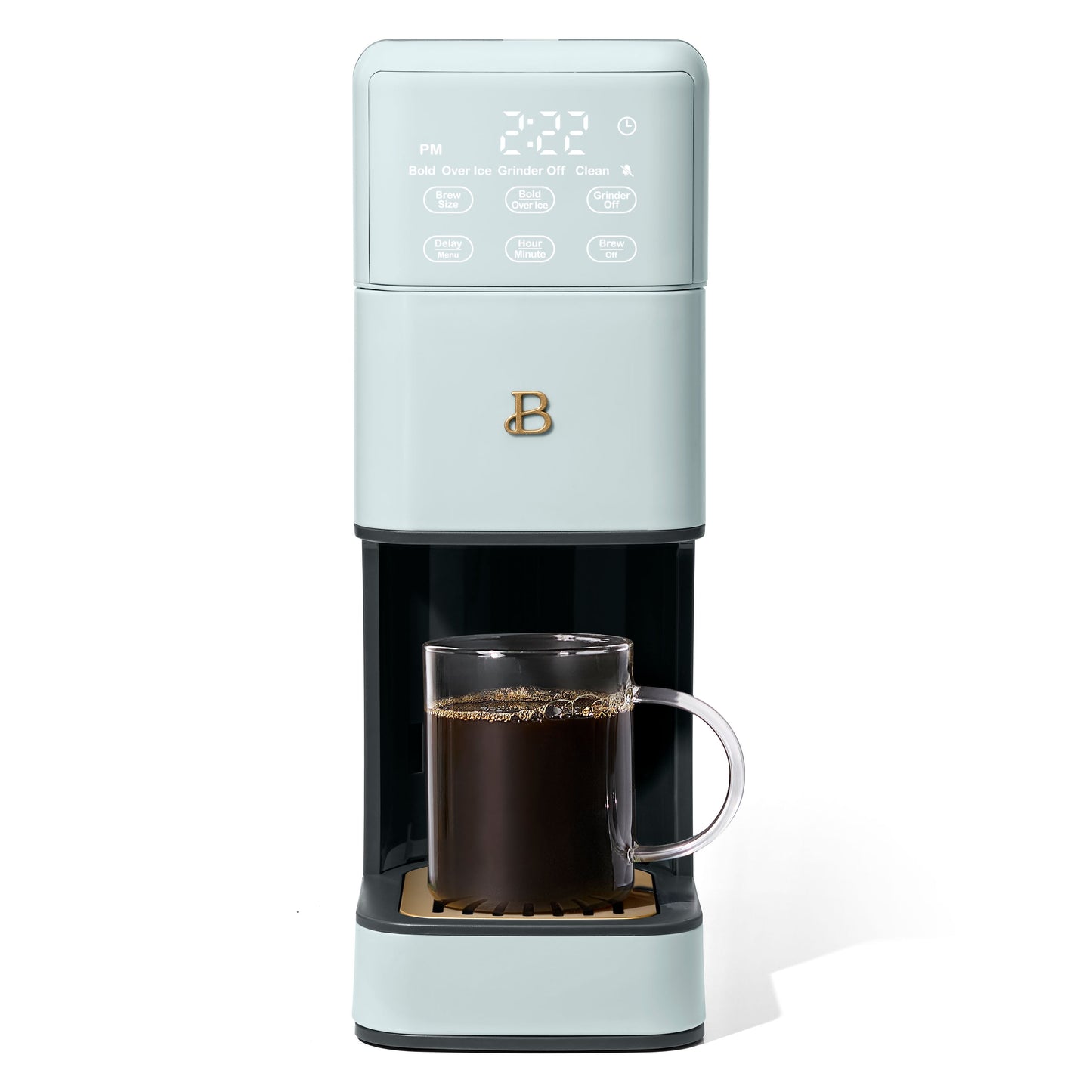 Beautiful Perfect Grind™ Sage Green programmable single-serve coffee maker by Drew Barrymore showing the sleek coffee machine on a countertop.