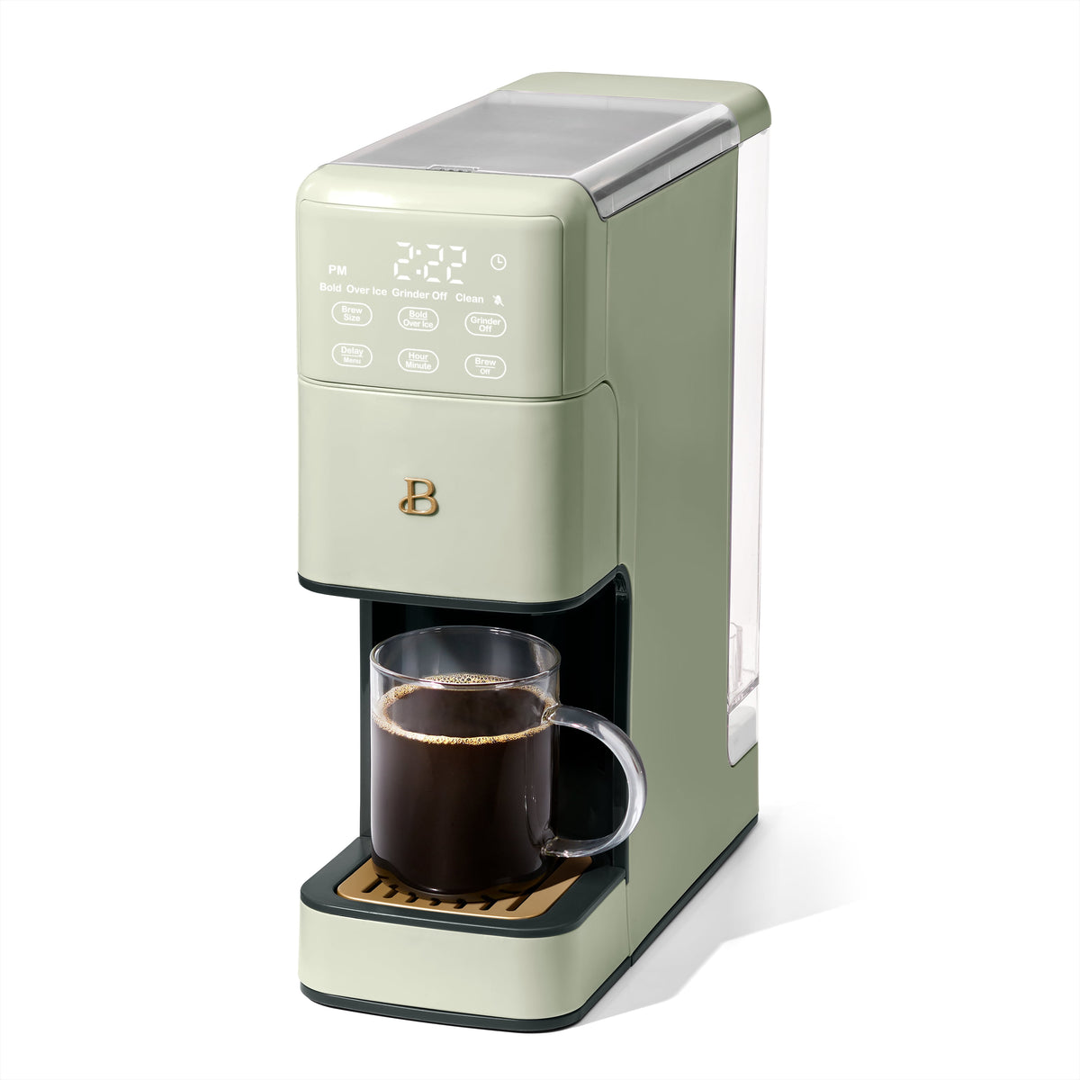 Beautiful Perfect Grind™ Sage Green Programmable Single Serve Coffee Maker by Drew Barrymore, with sleek design and digital controls.