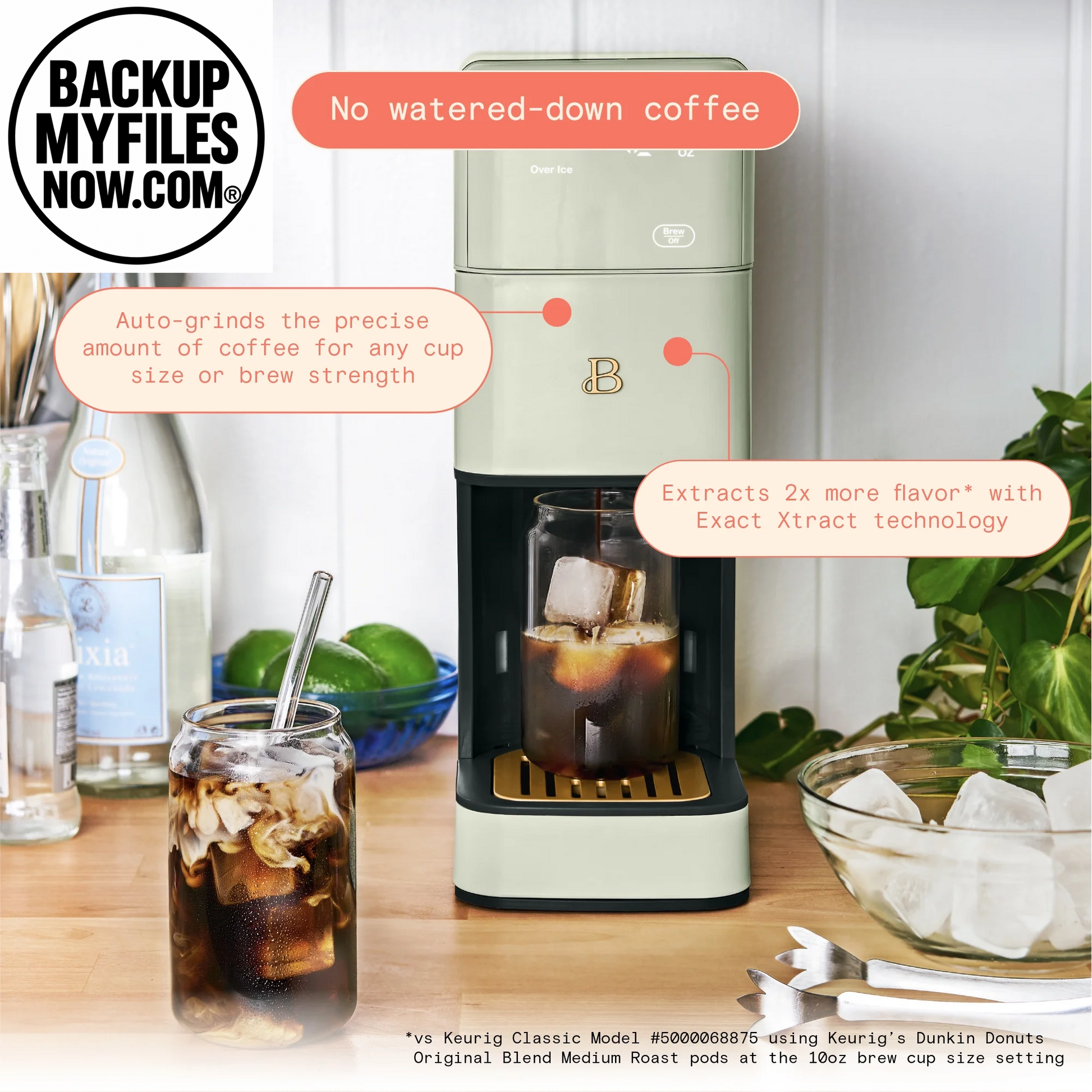 Beautiful Perfect Grind™ Programmable single-serve coffee maker in sage green by Drew Barrymore, with digital controls and compact design.