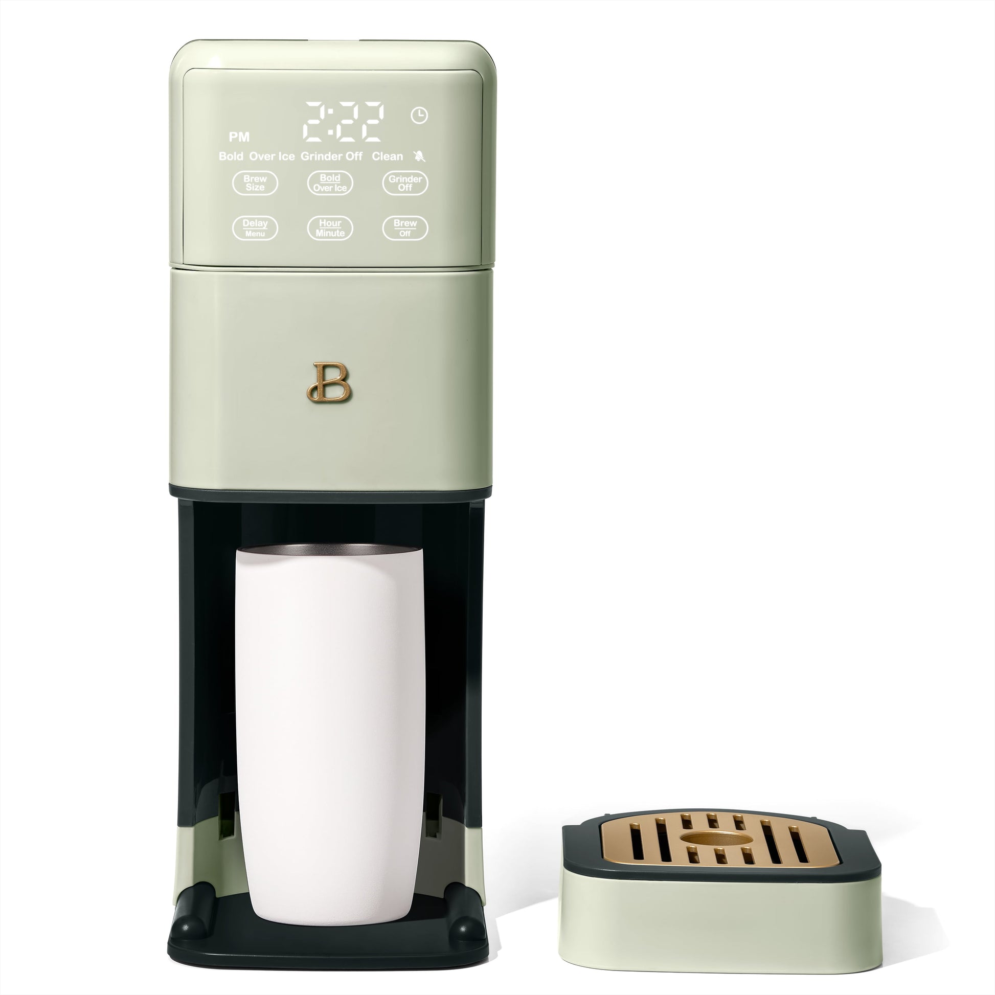 Beautiful Perfect Grind™ Sage Green programmable single serve coffee maker by Drew Barrymore, with a sleek modern design and digital controls.