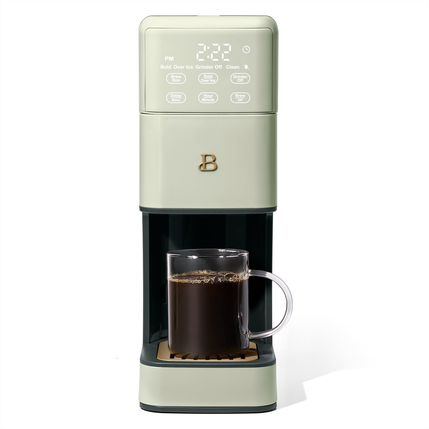 Beautiful Perfect Grind™ Sage Green Programmable Single Serve Coffee Maker by Drew Barrymore, with a sleek modern design.